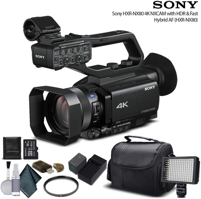 Sony HXR-NX80 Full HD NXCAM with HDR and Fast Hybrid AF Case, Light, Memory Card