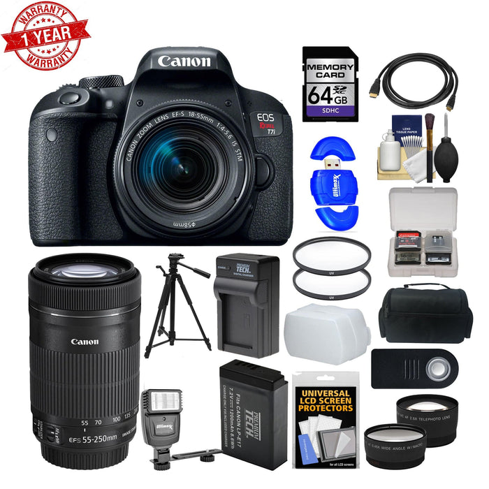 Canon EOS Rebel T7i/800D DSLR Camera with 18-55mm Lens 55-250mm IS STM Lens 64GB Card Case Flash Tripod 2 Lens Kit