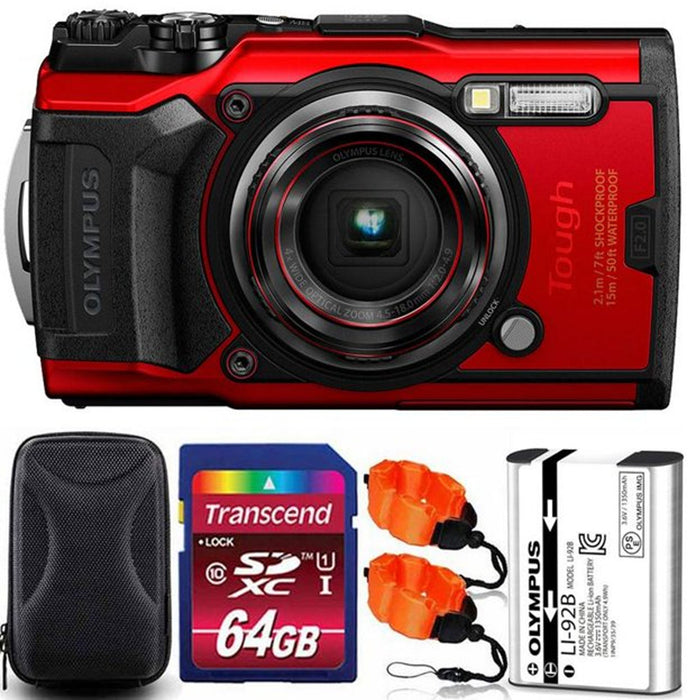 Olympus Tough TG-6 Digital Camera (Red) with 64GB Memory Card | Strap &amp; Case