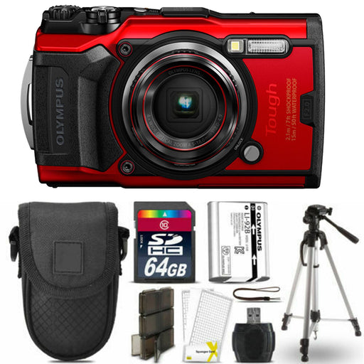 Olympus Tough TG-6 Digital Camera (Red) with Tripod | Case - 64GB Kit Bundle