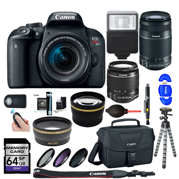 Canon EOS Rebel T7i/800D DSLR Camera with 18-55mm Lens &amp; 55-250mm IS II Lens 64GB Class 10 UHS-1 SDXC Memory Card Accessory Bundle