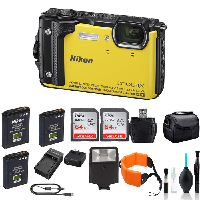 Nikon COOLPIX W300 Digital Camera (Yellow/Mix Colors) with 2X 64GB Memory Cards Spare Battery LED Light Bundle