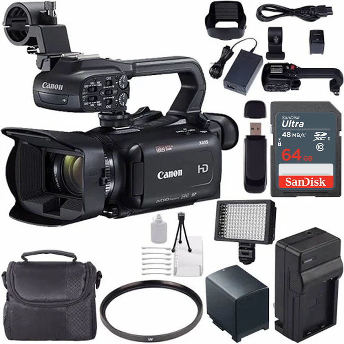 Canon XA15 Compact Full HD Camcorder with SDI, HDMI, and Composite Output with 64GB Memory Card | BP-820 Replacement Lithium Ion Battery Bundle