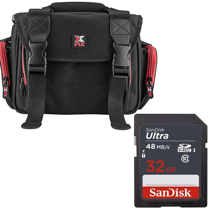 Xpix Deluxe Camera Camcorder Accessories Protector Bag with Shoulder Strap with Sandisk 32GB Memory Card Bundle