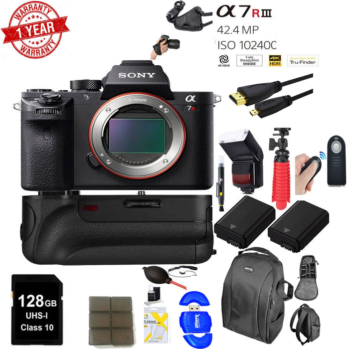 Sony a7R III 42.4MP Full-frame Mirrorless Interchangeable Lens Camera with Dual Battery + Battery Grip + 128GB Pro Memory Supreme Bundle