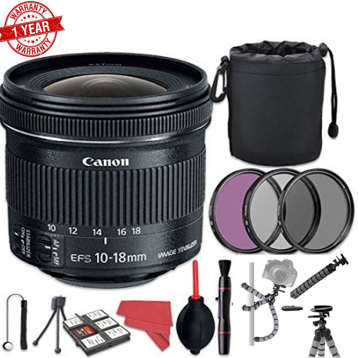 Canon EF-S 10-18mm f/4.5-5.6 IS STM Lens w Filter kit | Cap Keeper | Cleaning kit | MC Wallet | Lens Pouch | Flexible Tripod Bundle