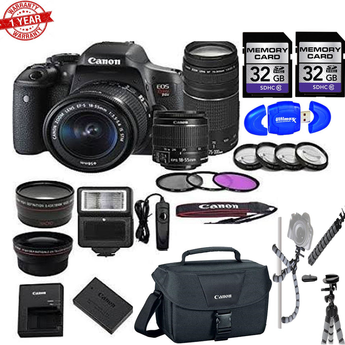 Canon EOS Rebel T6i/800D DSLR Camera with 18-55mm |Canon EF-S 75-300mm | 2pc 32GB MCs| Camera Bag Bundle