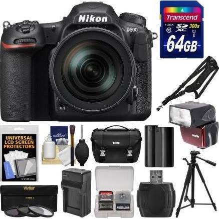 Nikon D500 Wi-Fi 4K Digital SLR Camera &amp; 16-80mm VR Lens with 64GB Card + Case + Flash + Battery &amp; Charger + Tripod + 3 Filters + Kit, Black