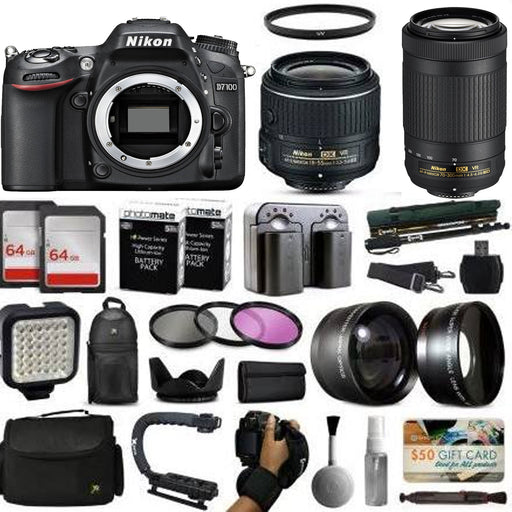 Nikon D7100 DSLR Digital Camera with 18-55mm VR II + 70-300mm Ed VR Lens + 128GB Memory + 2 Batteries + Charger + LED Video Light + Backpack