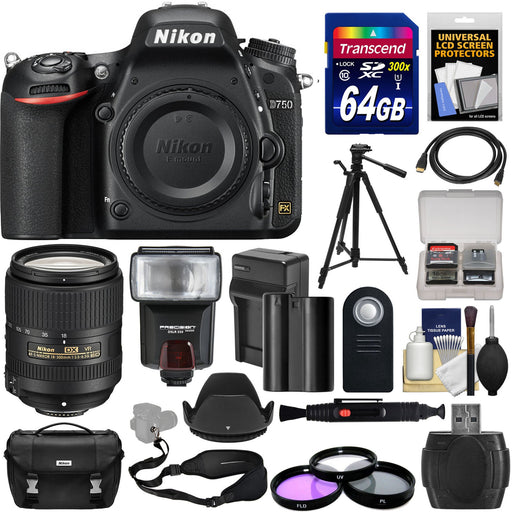 Nikon D750 DSLR Camera with 18-300mm VR Lens + 64GB + Battery &amp; Charger + Case + 3 Filters + Tripod + Flash + Kit