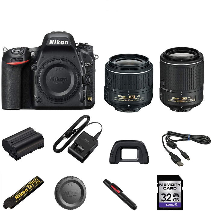 Nikon D750 Digital SLR Camera with Nikon AF-S DX NIKKOR 18-55mm f/3.5-5.6G VR Lens Nikon DX NIKKOR 55-200mm f/4-5.6G ED VR II Lens 32 GB SD Card - International Version