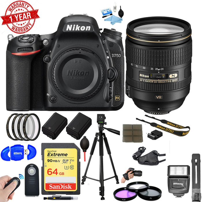 Nikon D750 DSLR 24.3MP Digital Camera w/ AF-S NIKKOR 24-120mm f/4G ED VR Lens w/ 64GB SDXC Memory Card Plus Triple Battery Accessories Bundle