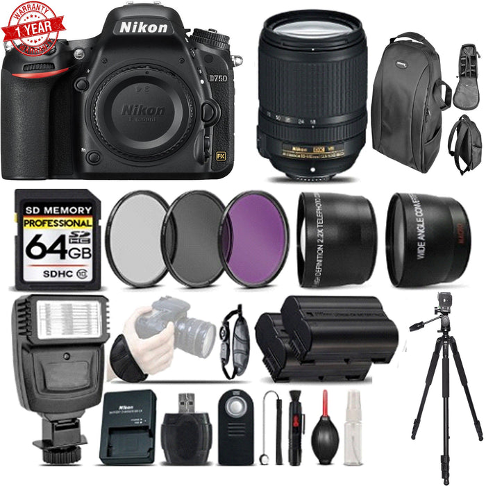 Nikon D750 DSLR Camera with Nikon 18-140mm VR Lens | 64GB MC | Backpack | Full Size Tripod Essential Bundle