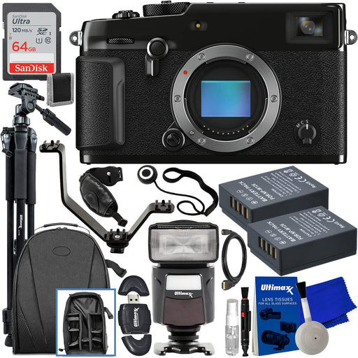 Fujifilm X-Pro3 Mirrorless Camera (Body Only, Black) + SanDisk 64GB Ultra SDXC Memory Card, V-Shaped Flash Bracket With 3 Cold Shoes, 2X Replacement Batteries &amp; Much More