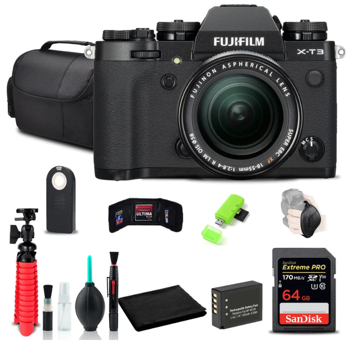 FUJIFILM X-T3 Mirrorless Digital Camera (Black) with 18-55mm f/2.8-4 lens and more