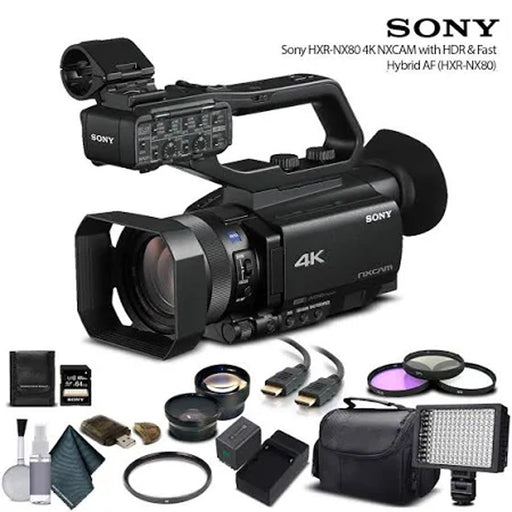 Sony HXR-NX80 Full HD NXCAM with HDR and Fast Hybrid AF w/ 64GB MC , Extra Battery, UV Filter, LED Light, Case and More - Advanced Bundle