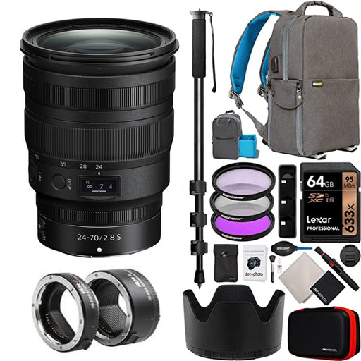 Nikon NIKKOR Z 24-70mm f/2.8 S Lens with Backpack + Extension Kit + Filter Set &amp; Accessory Bundlle