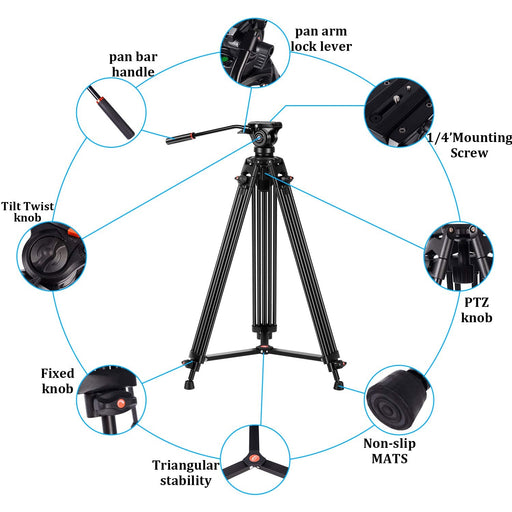 NJA 74 inch Video Tripod System, Pro Heavy Duty Aluminum Tripod with 360 Degree Fluid Head and Mid-Level Spreader