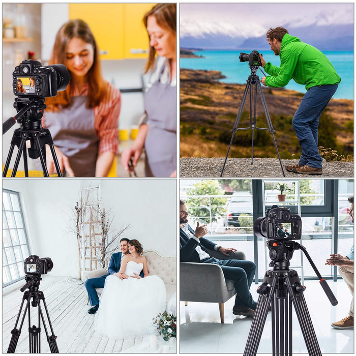 NJA 74 inch Video Tripod System, Pro Heavy Duty Aluminum Tripod with 360 Degree Fluid Head and Mid-Level Spreader