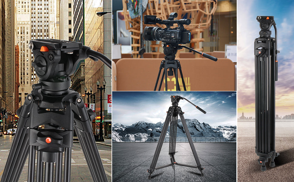 NJA 74 inch Video Tripod System, Pro Heavy Duty Aluminum Tripod with 360 Degree Fluid Head and Mid-Level Spreader