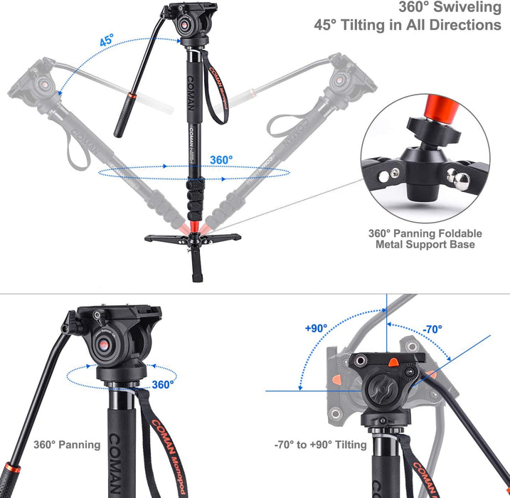 Monopod, 73.2 inch Professional Monopod Tripod Lightweight Aluminum Telescopic Camera Monopod with feet and Pan Tilt Fluid Head for DSLR Video Cameras