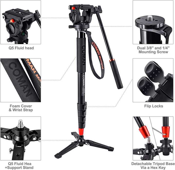 Monopod, 73.2 inch Professional Monopod Tripod Lightweight Aluminum Telescopic Camera Monopod with feet and Pan Tilt Fluid Head for DSLR Video Cameras