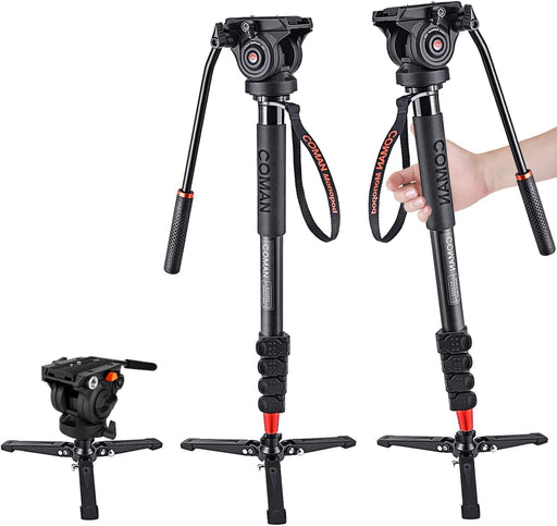 Monopod, 73.2 inch Professional Monopod Tripod Lightweight Aluminum Telescopic Camera Monopod with feet and Pan Tilt Fluid Head for DSLR Video Cameras