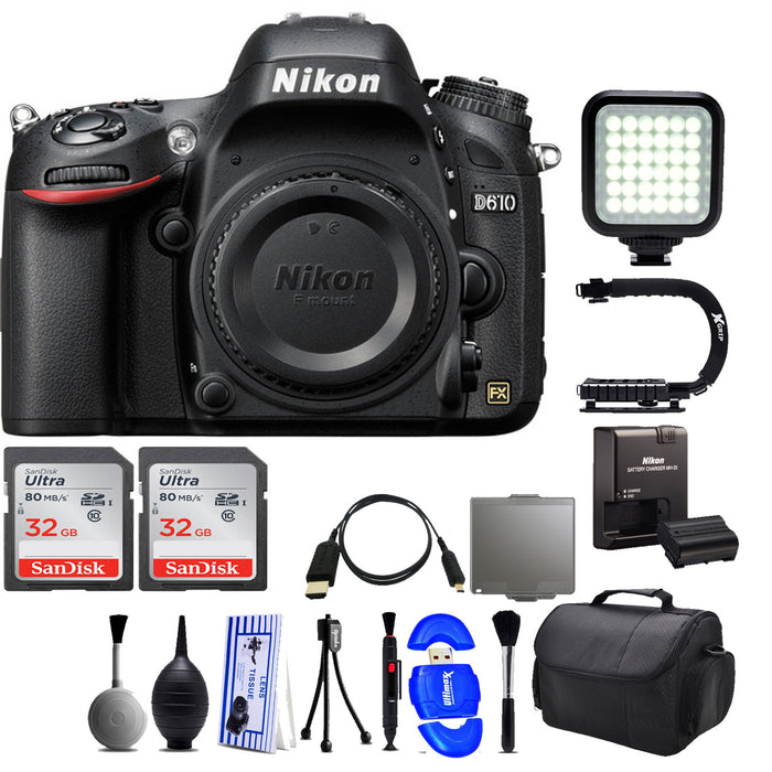 Nikon D610 DSLR Camera (Body Only) with 2x Sandisk 32GB | LED Light | Case &amp; More Bundle