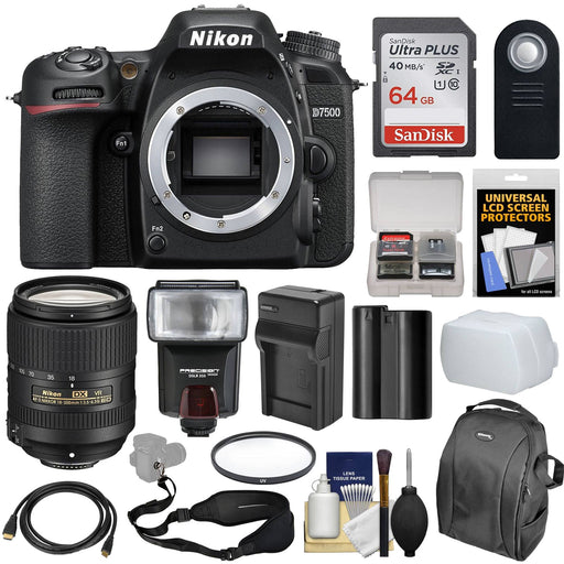 Nikon D7500 Wi-Fi 4K Digital SLR Camera Body with 18-300mm VR Lens + 64GB Card + Battery &amp; Charger + Backpack + Strap + Flash + Kit