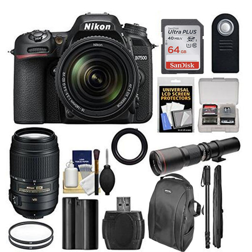 Nikon D7500 4K Digital SLR Camera w/ 18-140mm &amp; 55-300mm VR DX Lens + 500mm Telephoto Lens + 64GB Card + Battery + Backpack + Monopod + Kit