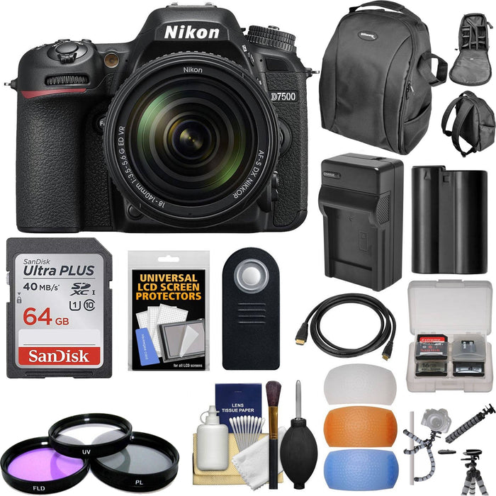 Nikon D7500 Wi-Fi 4K Digital SLR Camera &amp; 18-140mm VR DX Lens with 64GB Card + Battery &amp; Charger + Backpack + Filter + Kit