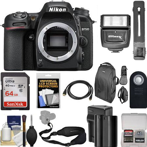 Nikon D7500 Wi-Fi 4K Digital SLR Camera Body with 64GB Card + Battery &amp; Charger + Backpack + Strap + Flash + HDMI Cable + Remote + Kit