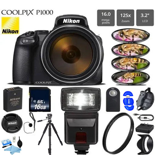 Nikon COOLPIX P1000 Digital Camera w/ Professional Flash | 16GB MC | Tripod | Filters &amp; More