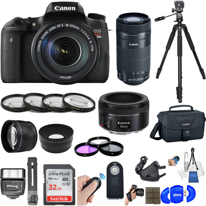 Canon EOS Rebel T6s DSLR Camera with 18-135mm Lens + EF-S 55-250mm F4-5.6 Lens + EF 50mm Lens + Saver Bundle