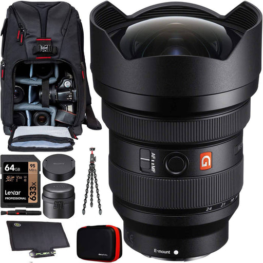 Sony FE 12-24mm f/4 G Lens with Photography Backpack, GorillaPod 3K Flexible Mini-Tripod with Ball Head Kit &amp; Flex Lens Shade