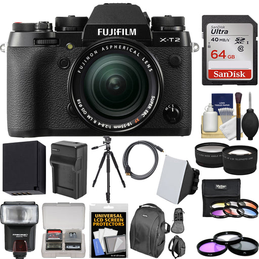 FUJIFILM X-T2 Mirrorless Digital Camera with 18-55mm Lens &amp; Sandisk 64GB | Tripod | FLash | Filters &amp; More Accessory Bundle