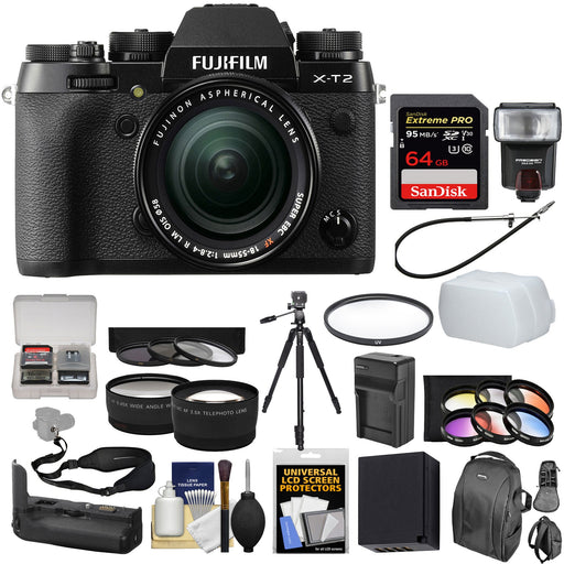 FUJIFILM X-T2 Mirrorless Digital Camera with 18-55mm Lens | Vertical Grip Deluxe Bundle